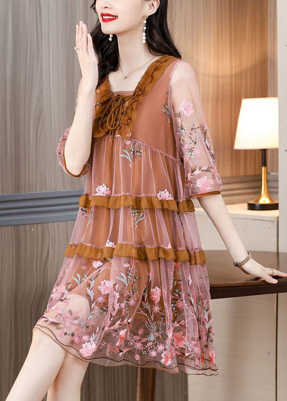 Diy Chocolate Embroideried Ruffled Lace Up Organza Dresses Half Sleeve