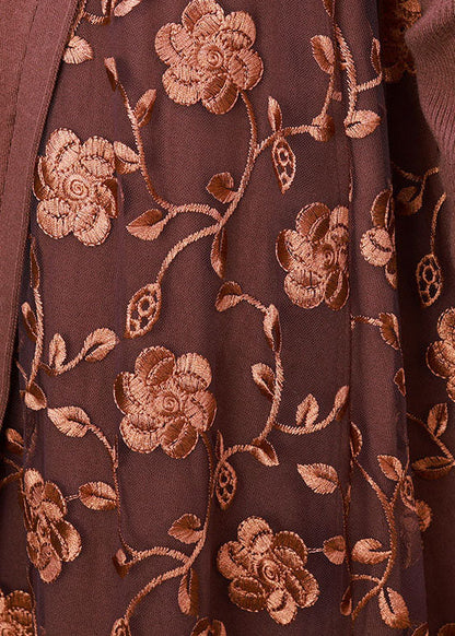 Diy Chocolate Knit Patchwork Lace Embroideried Fall Dress
