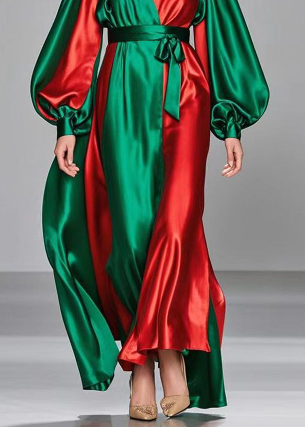 Diy Colorblock Cinched Patchwork Silk Long Dresses Lantern Sleeve