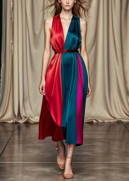 Diy Colorblock Cinched Patchwork Silk Long Dresses Summer
