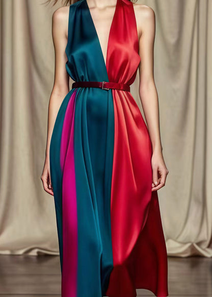 Diy Colorblock Cinched Patchwork Silk Long Dresses Summer