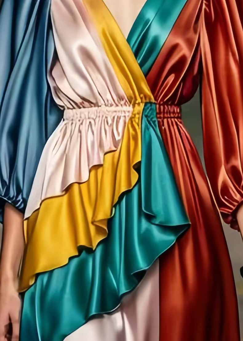 Diy Colorblock Elastic Waistpatchwork Silk Long Dress Bracelet Sleeve