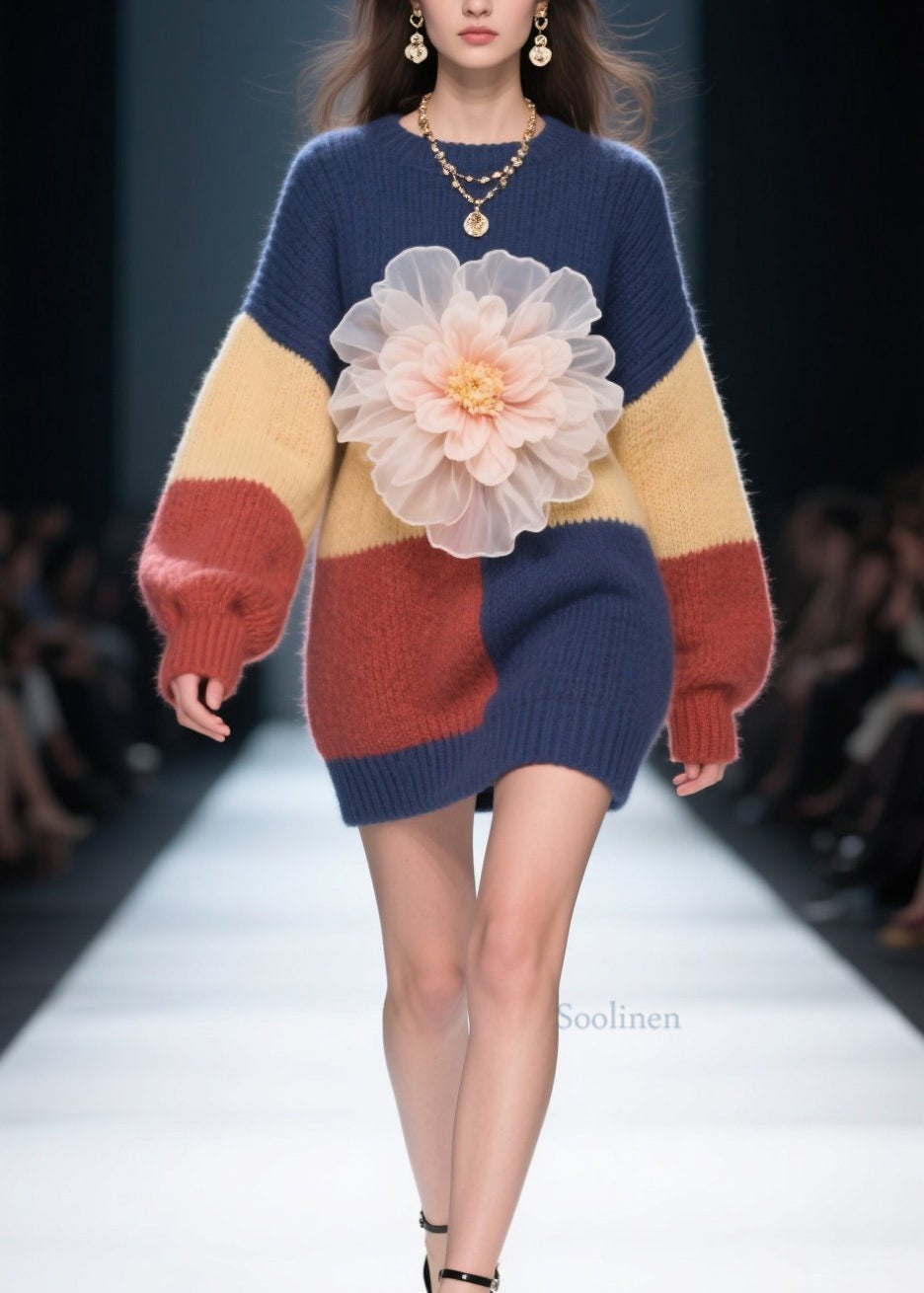 Diy Colorblock O Neck Patchwork Knitwear Dress Fall