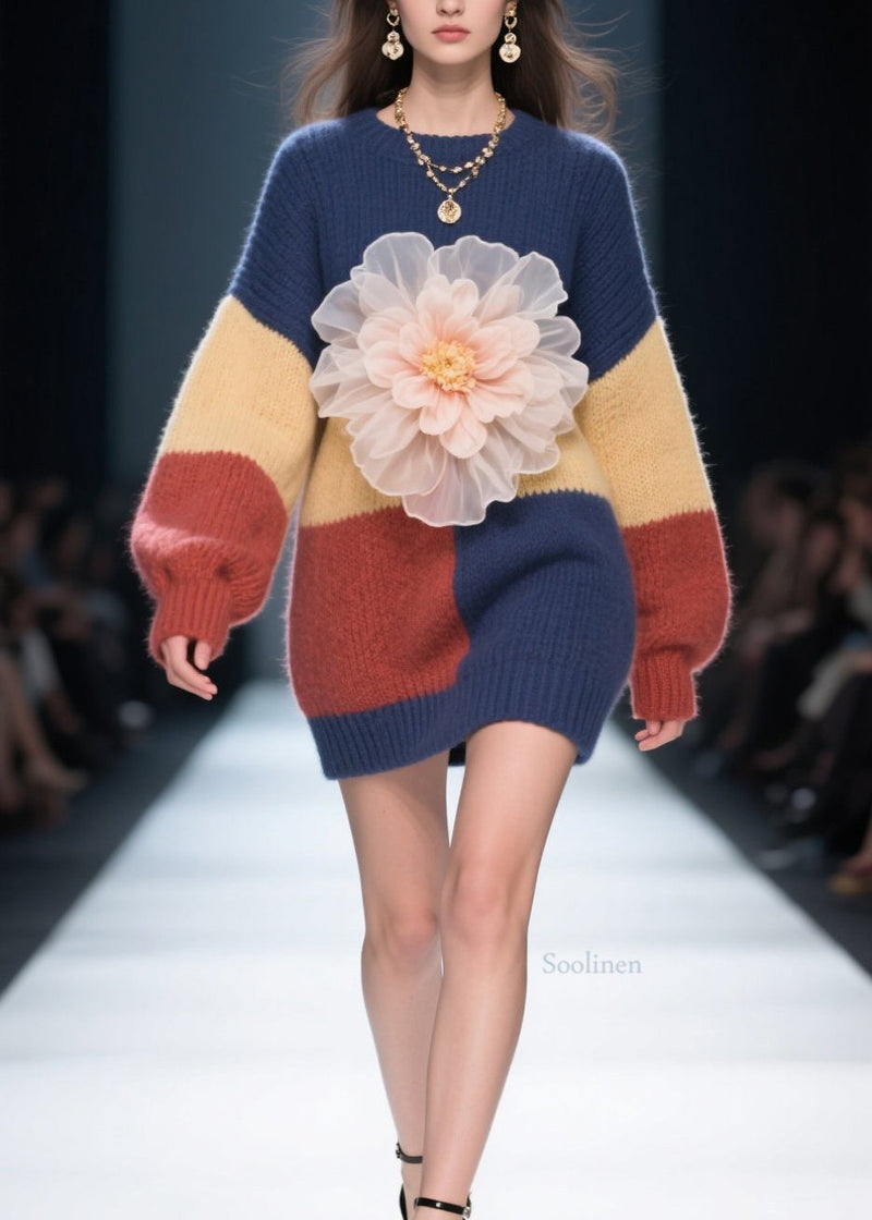 Diy Colorblock O Neck Patchwork Knitwear Dress Fall