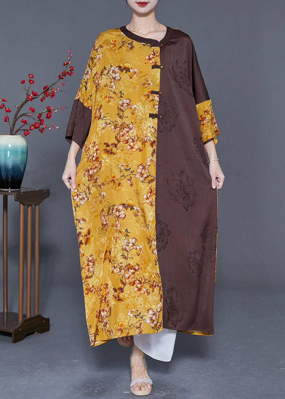 Diy Colorblock Oversized Patchwork Chinese Button Silk Long Dress Summer