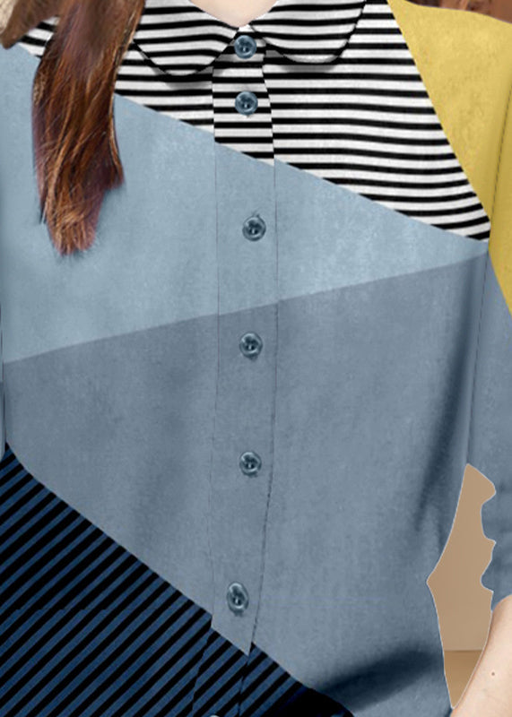 Diy Colorblock Peter Pan Collar Patchwork Striped Cotton Top Spring