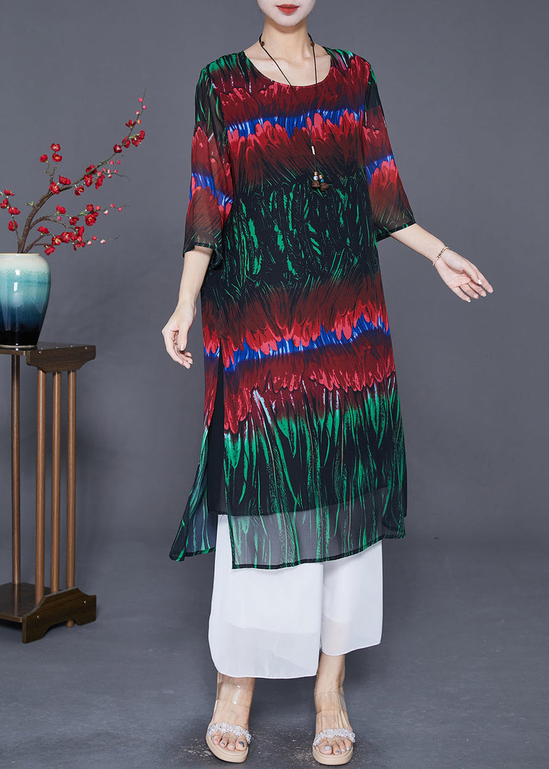 Diy Colorblock Print Side Open Chiffon Long Dress Half Sleeve