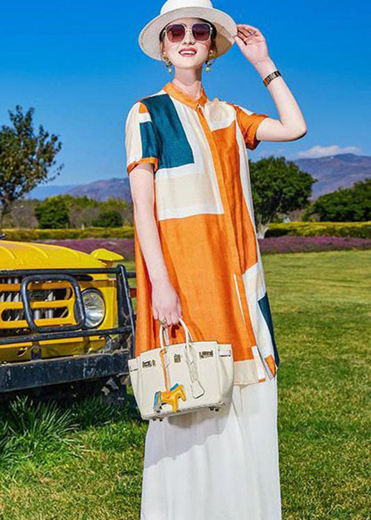 Diy Colorblock Print Tops and Pants Silk Two Pieces Set Summer