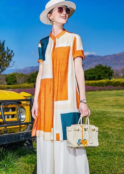 Diy Colorblock Print Tops and Pants Silk Two Pieces Set Summer