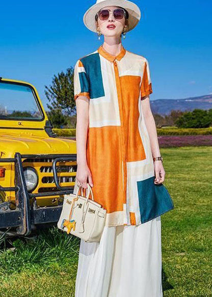 Diy Colorblock Print Tops and Pants Silk Two Pieces Set Summer