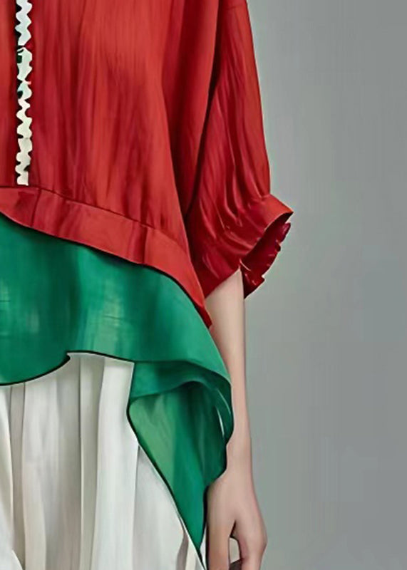 Diy Colorblock V Neck Chiffon Patchwork Shirts Short Sleeve