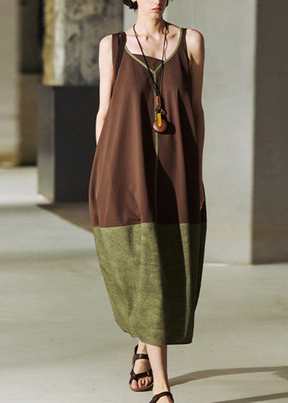Diy Colorblock V Neck Patchwork Cotton Dresses Sleeveless