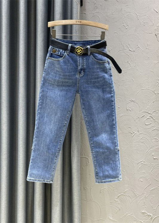 Diy Denim Blue High Waist Sashes Crop Pants Summer