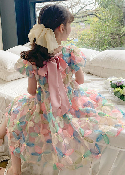 Diy Wrinkled Patchwork Tulle Kids Dresses Puff Sleeve