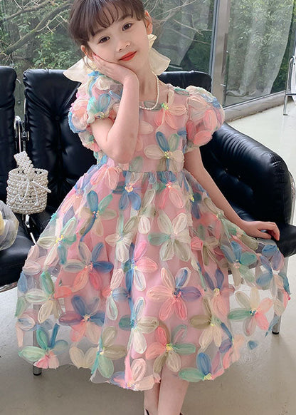 Diy Wrinkled Patchwork Tulle Kids Dresses Puff Sleeve