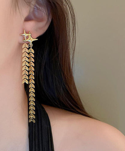 Diy Gold Copper Four Pointed Star Wheat Ears Tassel Drop Earrings