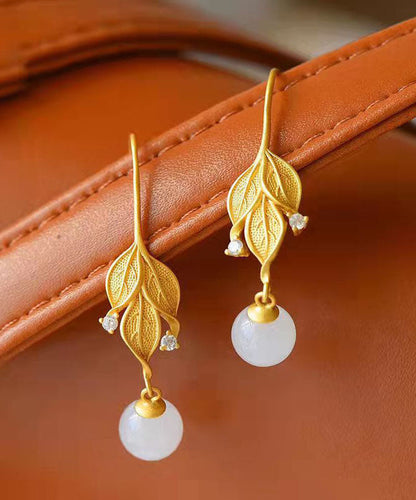 Diy Gold Sterling Silver Overgild Jade Leaf Drop Earrings