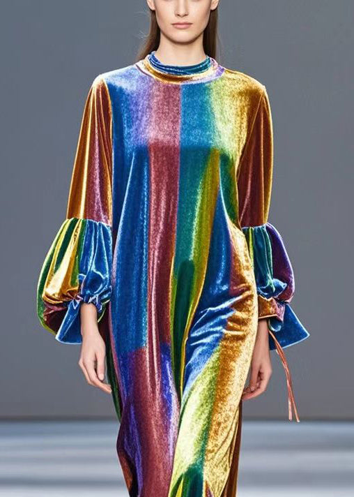 Diy Gradient Color Tie Dye Silk Velvet Long Dress Lantern Sleeve
