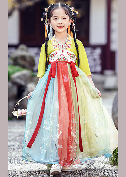 Diy Green Embroideried Patchwork Tie Waist Tulle Kids Long Dresses Short Sleeve