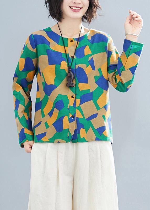 DIY Green Geometric Clothes For Women O Neck Button Down Plus Size Clothing Tops