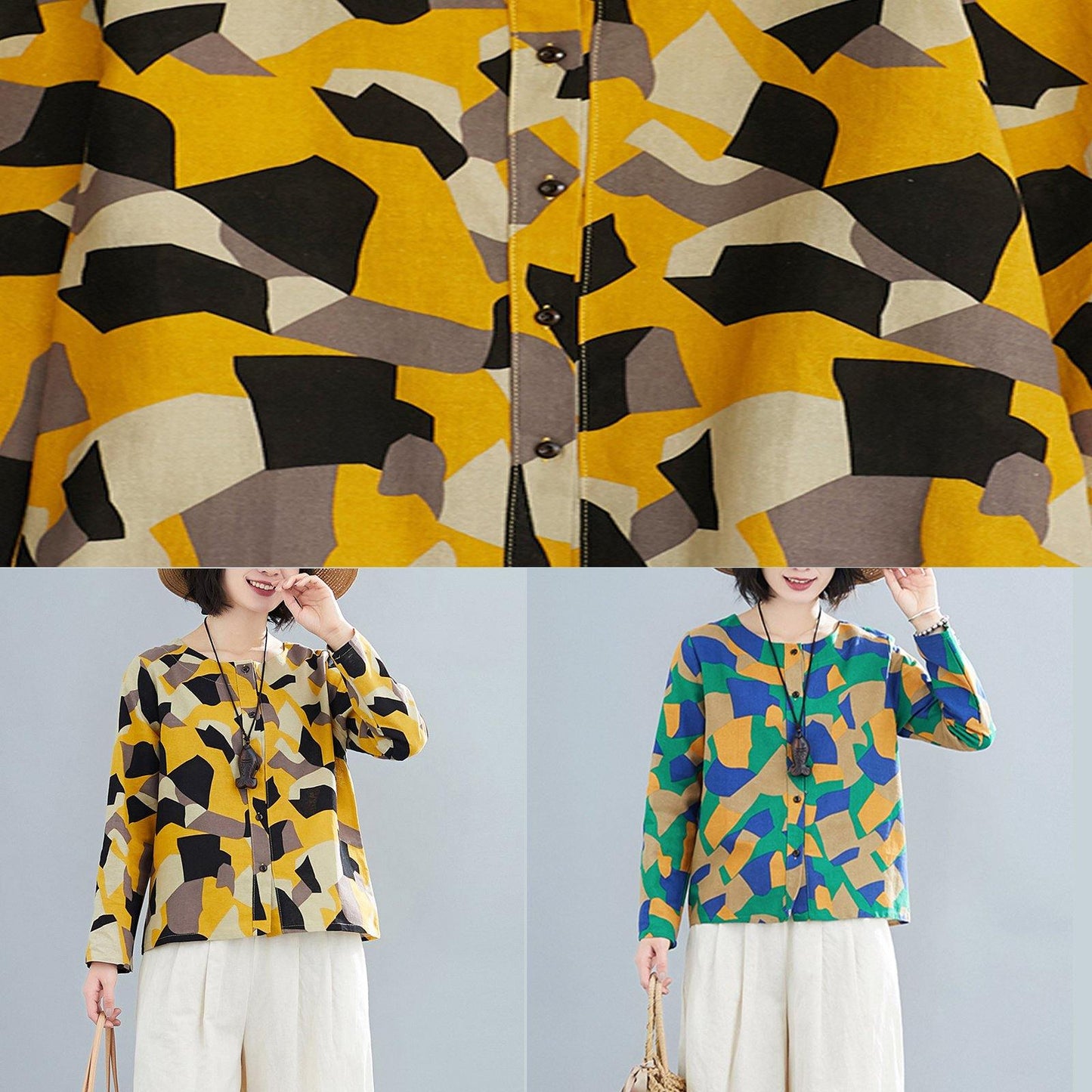 DIY Green Geometric Clothes For Women O Neck Button Down Plus Size Clothing Tops