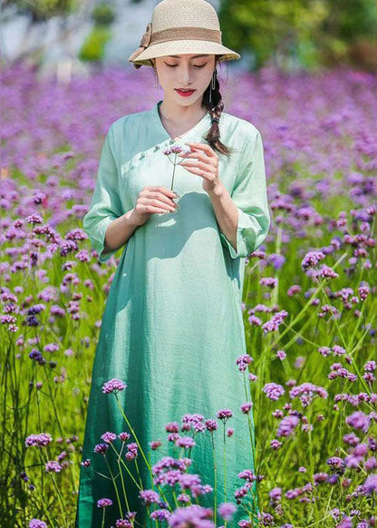 Diy Green Gradient Button Patchwork Linen Dresses Bracelet Sleeve