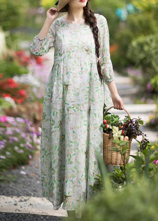 Diy Green Leaves Quilting Dresses O Neck Lantern Sleeve Robes Summer Dresses