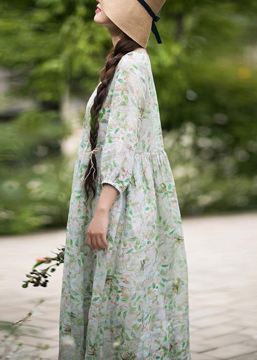 Diy Green Leaves Quilting Dresses O Neck Lantern Sleeve Robes Summer Dresses