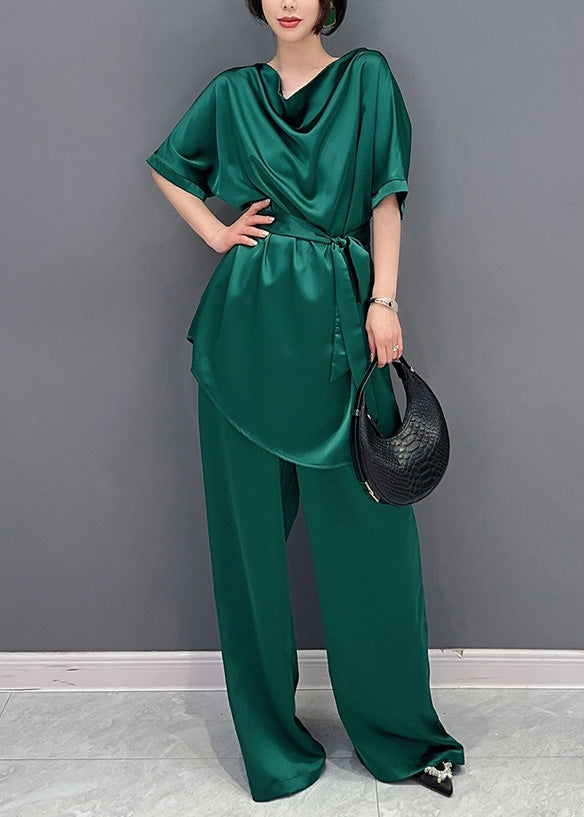 Diy Green O-neck Top and Wide Leg Pants Two Pieces Set Short Sleeve