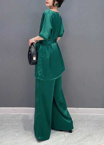 Diy Green O-neck Top and Wide Leg Pants Two Pieces Set Short Sleeve