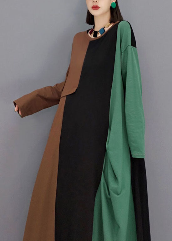 Diy Green O-neck Pockets Asymmetrical Patchwork Long Dresses Spring