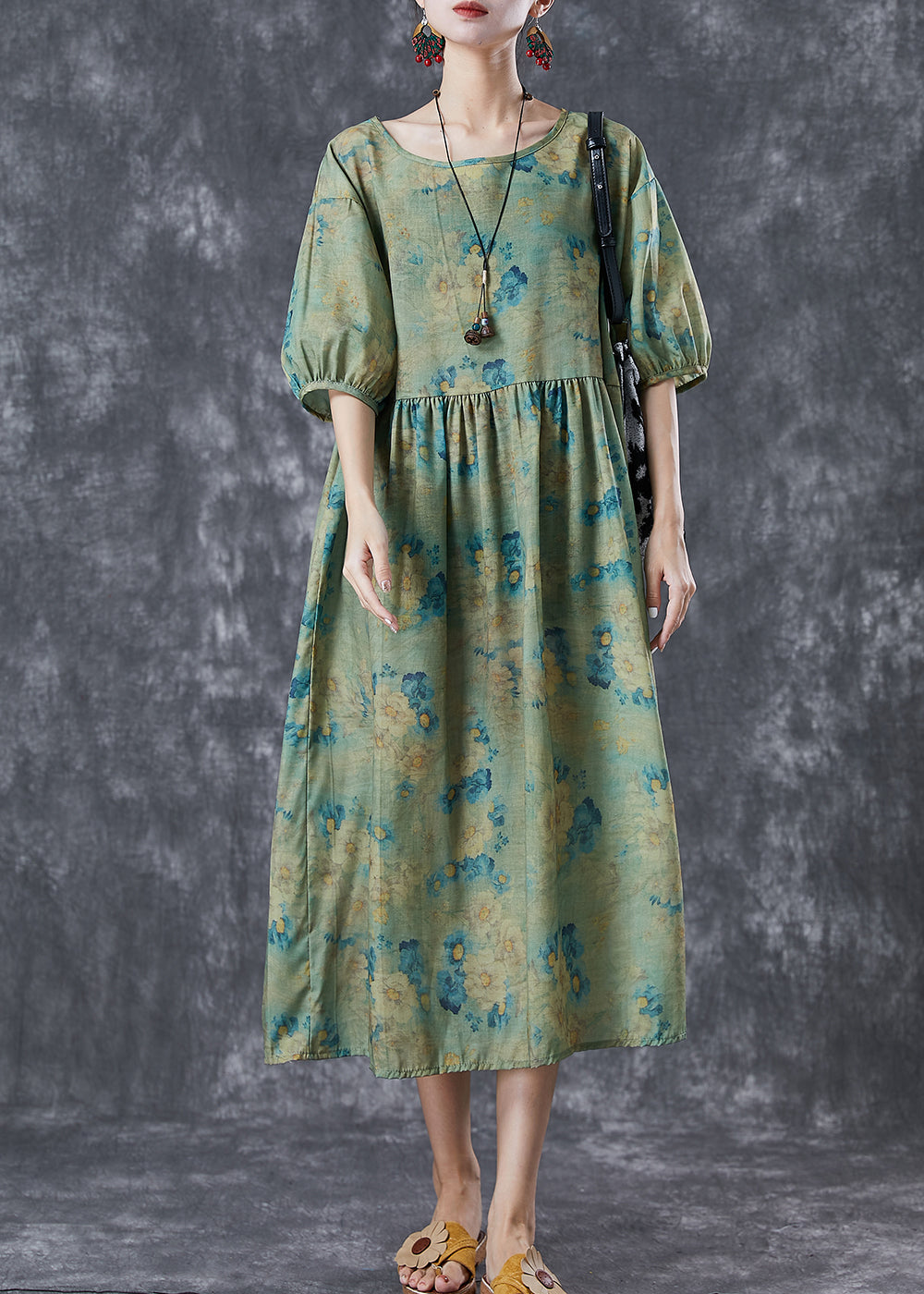 Diy Green Oversized Print Linen Vacation Dress Lantern Sleeve