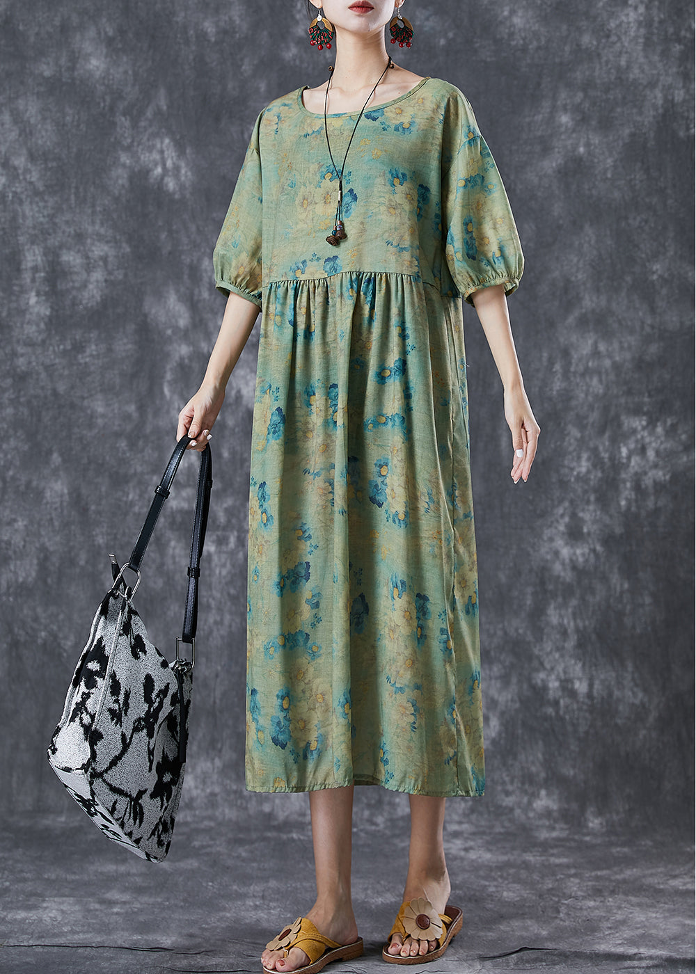 Diy Green Oversized Print Linen Vacation Dress Lantern Sleeve