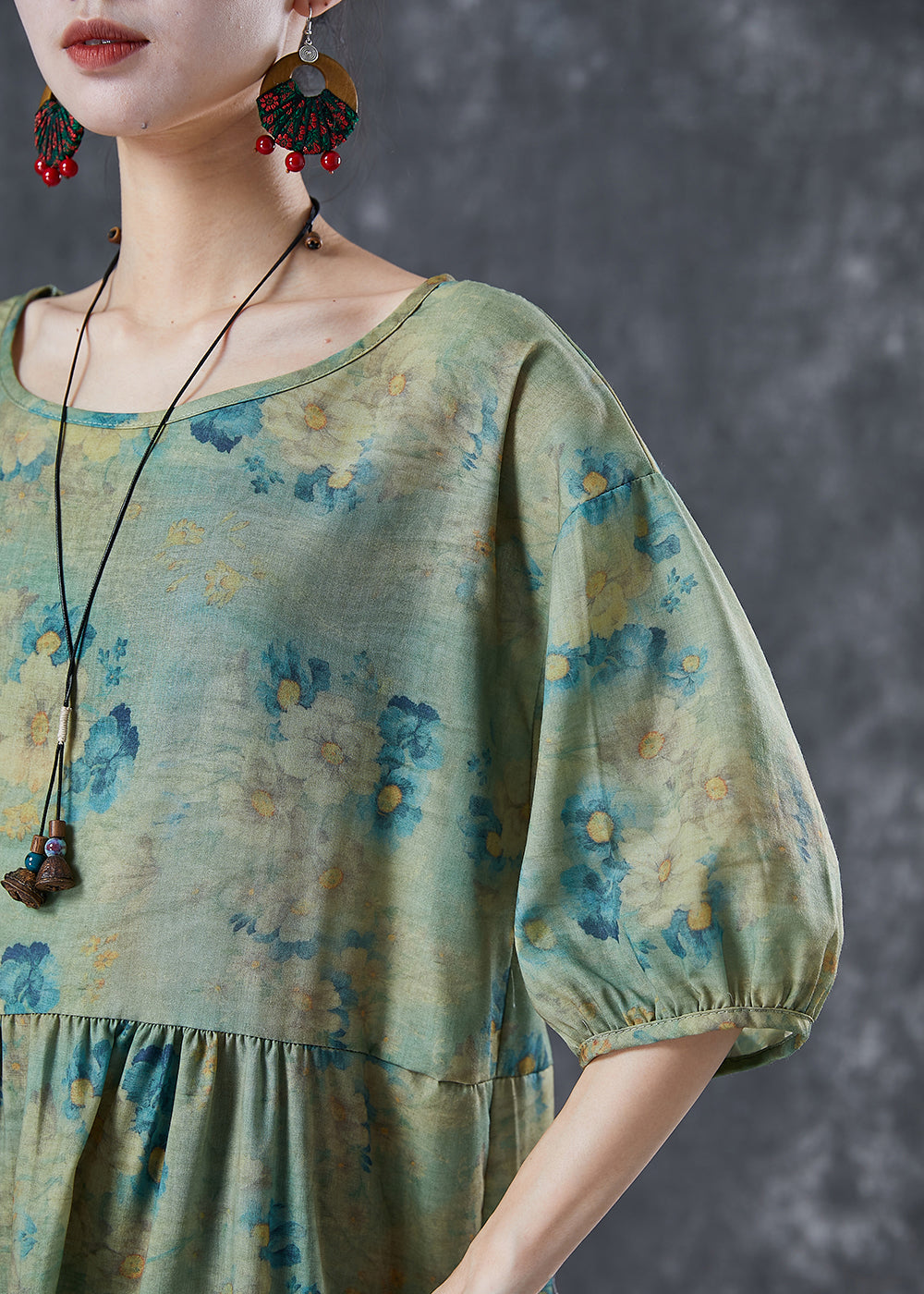 Diy Green Oversized Print Linen Vacation Dress Lantern Sleeve