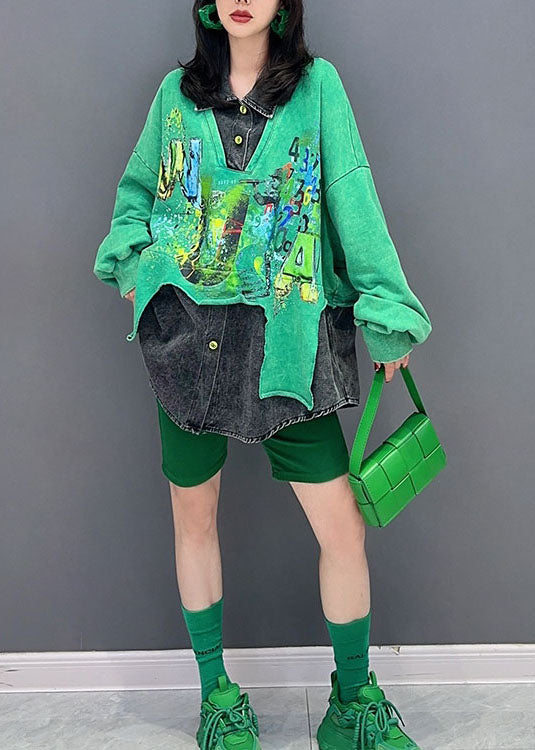 Diy Green Peter Pan Collar False Two Pieces Patchwork Denim Tops Long Sleeve