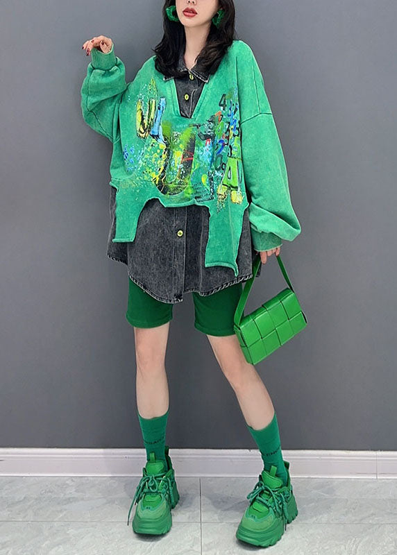 Diy Green Peter Pan Collar False Two Pieces Patchwork Denim Tops Long Sleeve