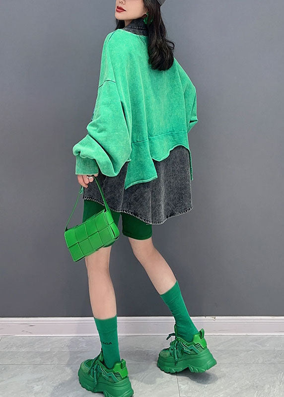 Diy Green Peter Pan Collar False Two Pieces Patchwork Denim Tops Long Sleeve