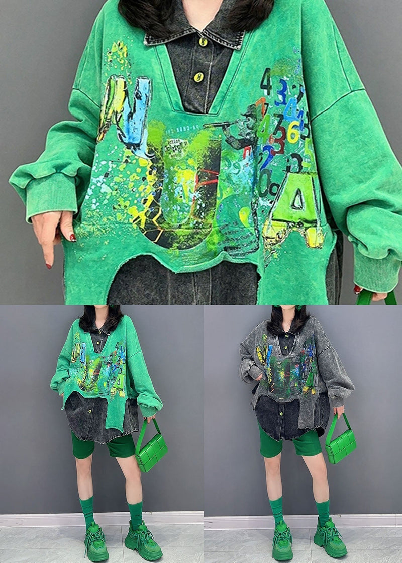 Diy Green Peter Pan Collar False Two Pieces Patchwork Denim Tops Long Sleeve