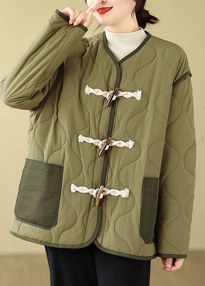 Diy Green Pockets Horn Button Fine Cotton Filled Jackets Winter