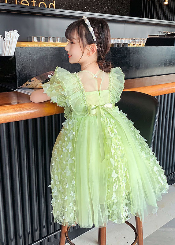 Diy Green Ruffled Butterfly Patchwork Tulle Kids Mid Dress Summer
