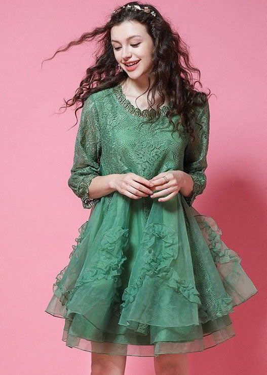 Diy Green Ruffled Patchwork Organza Lace Short Dress Bracelet Sleeve