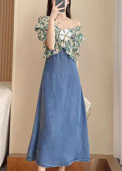 Diy Green Slash Neck Print Patchwork Denim Long Dress Short Sleeve