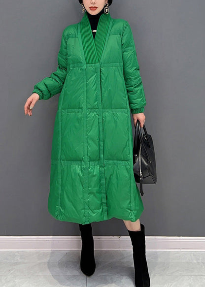 Diy Green V Neck Button Thick Duck Down Down Coat Winter