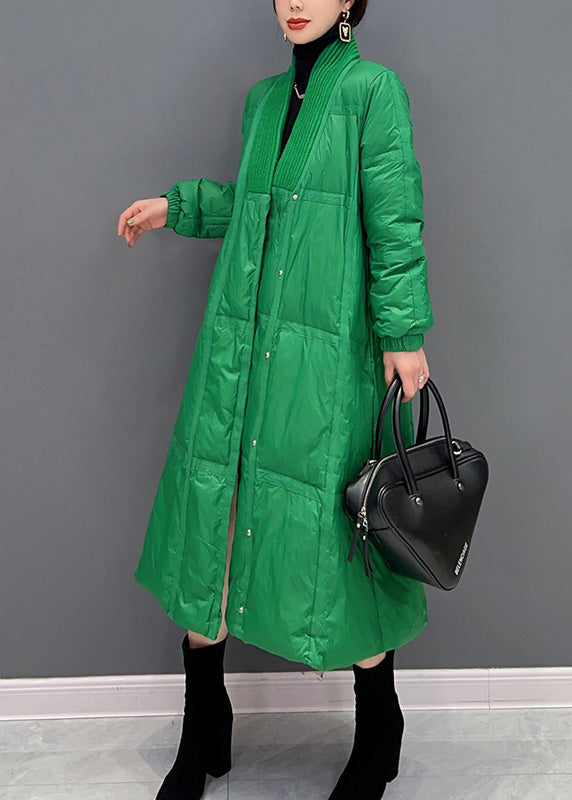 Diy Green V Neck Button Thick Duck Down Down Coat Winter