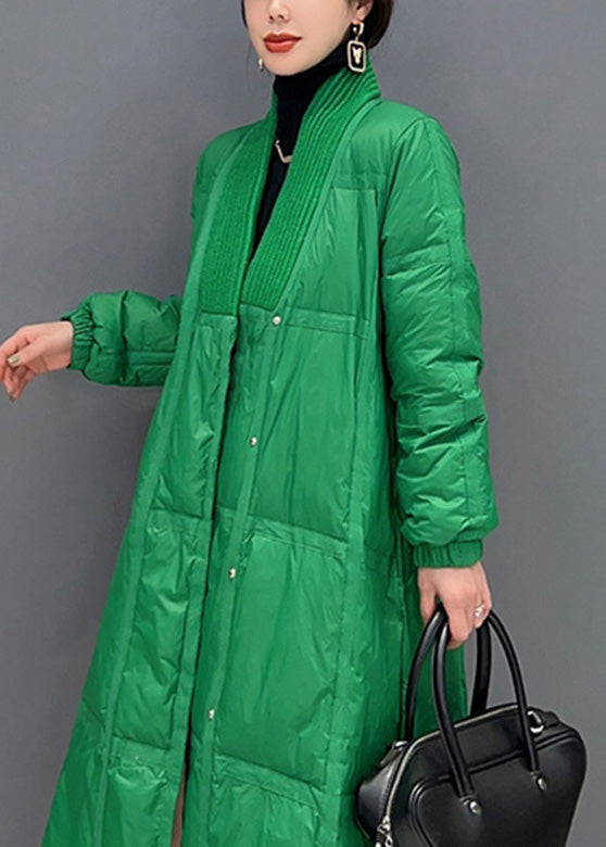Diy Green V Neck Button Thick Duck Down Down Coat Winter