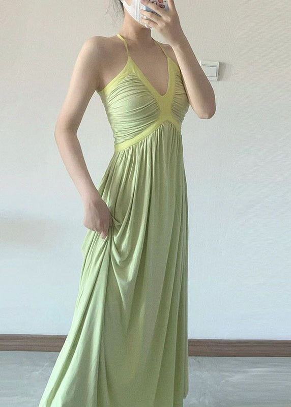 Diy Green V Neck Patchwork Wrinkled Slim Long Dress Sleeveless