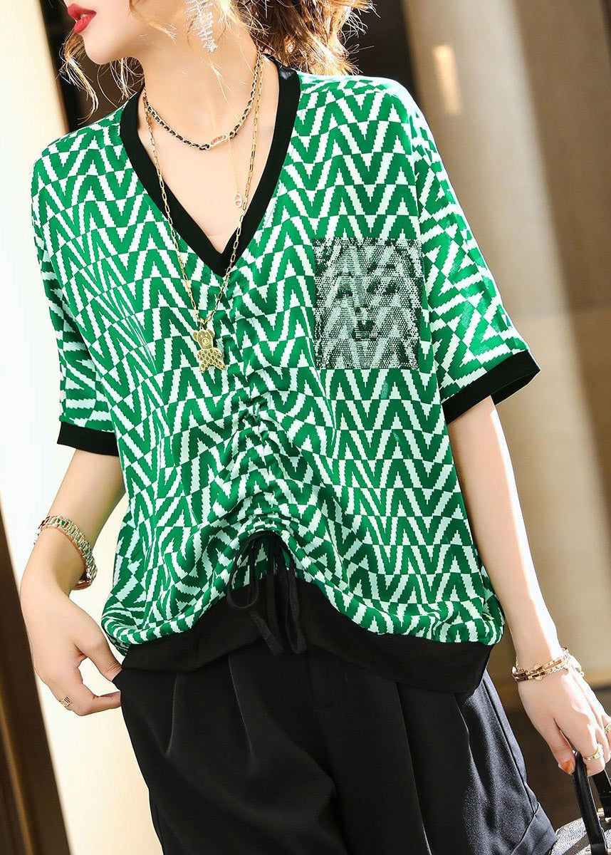 Diy Green V Neck Striped T Shirt Summer