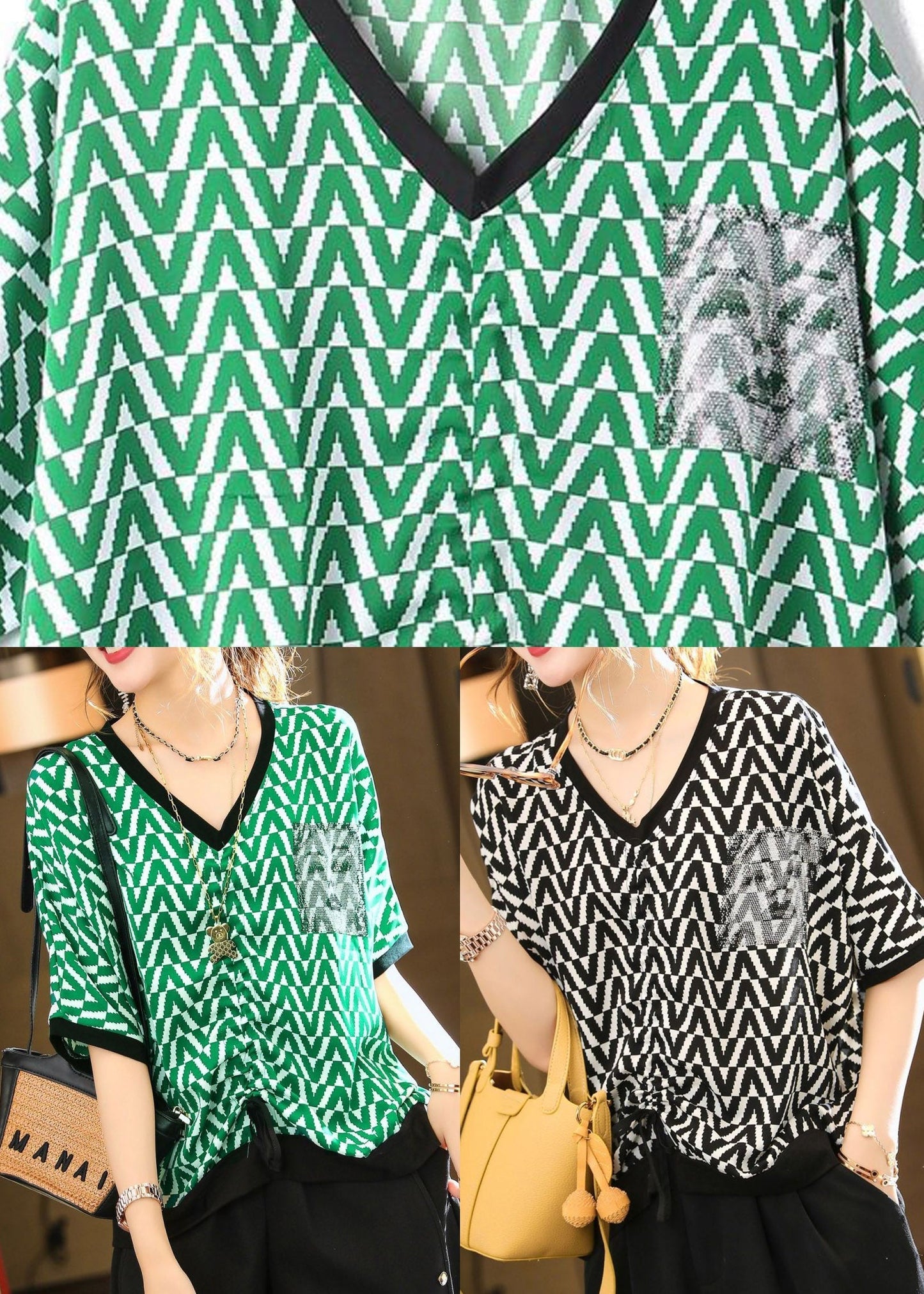 Diy Green V Neck Striped T Shirt Summer