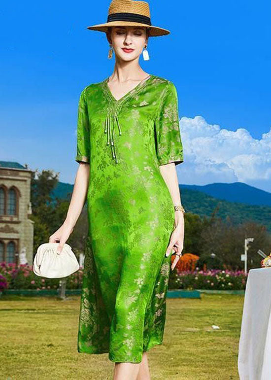 Diy Green V Neck Tasseled Print Patchwork Silk Dresses Summer