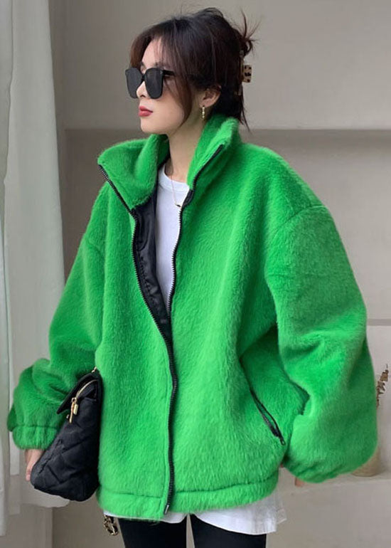 Diy Green Zip Up Mink Velvet Thick Winter Outwear
